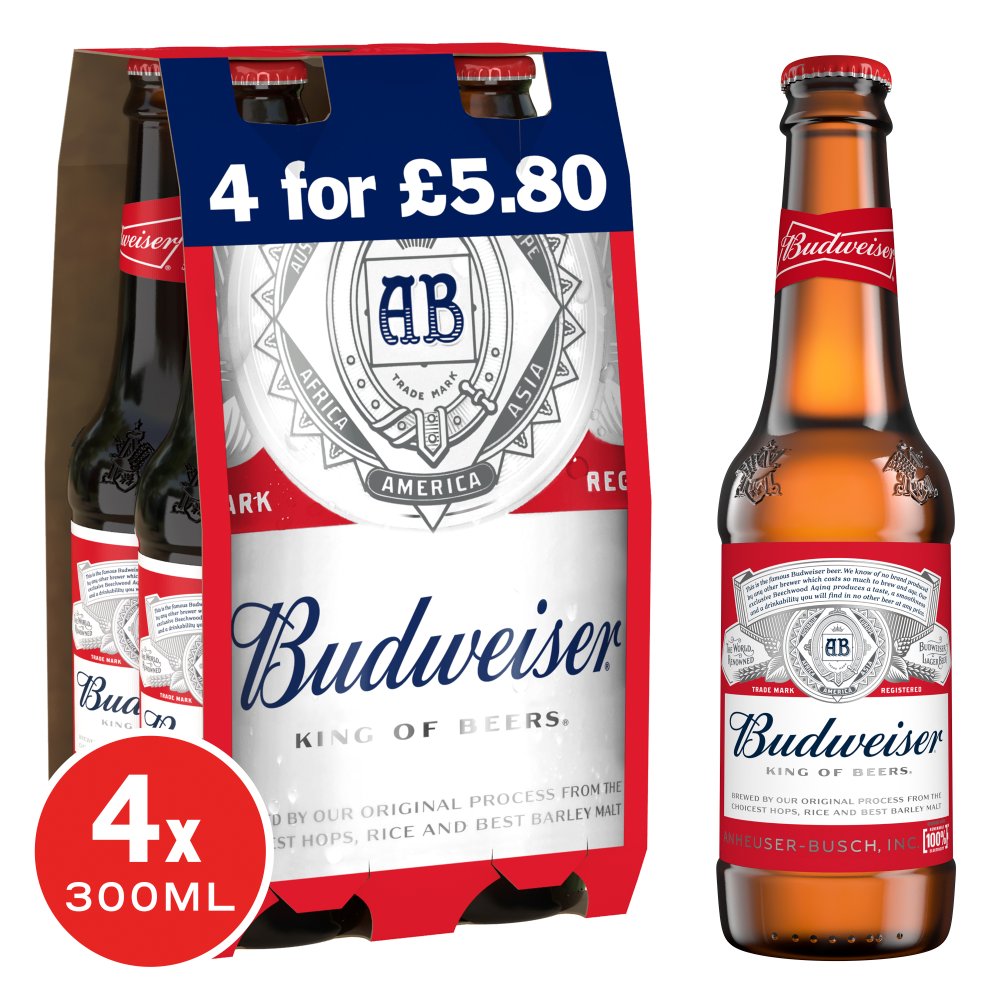 Budweiser 4x300ml (Price Marked £5.80) - American-Style Pale Lager-World Beer-Fountainhall Wines