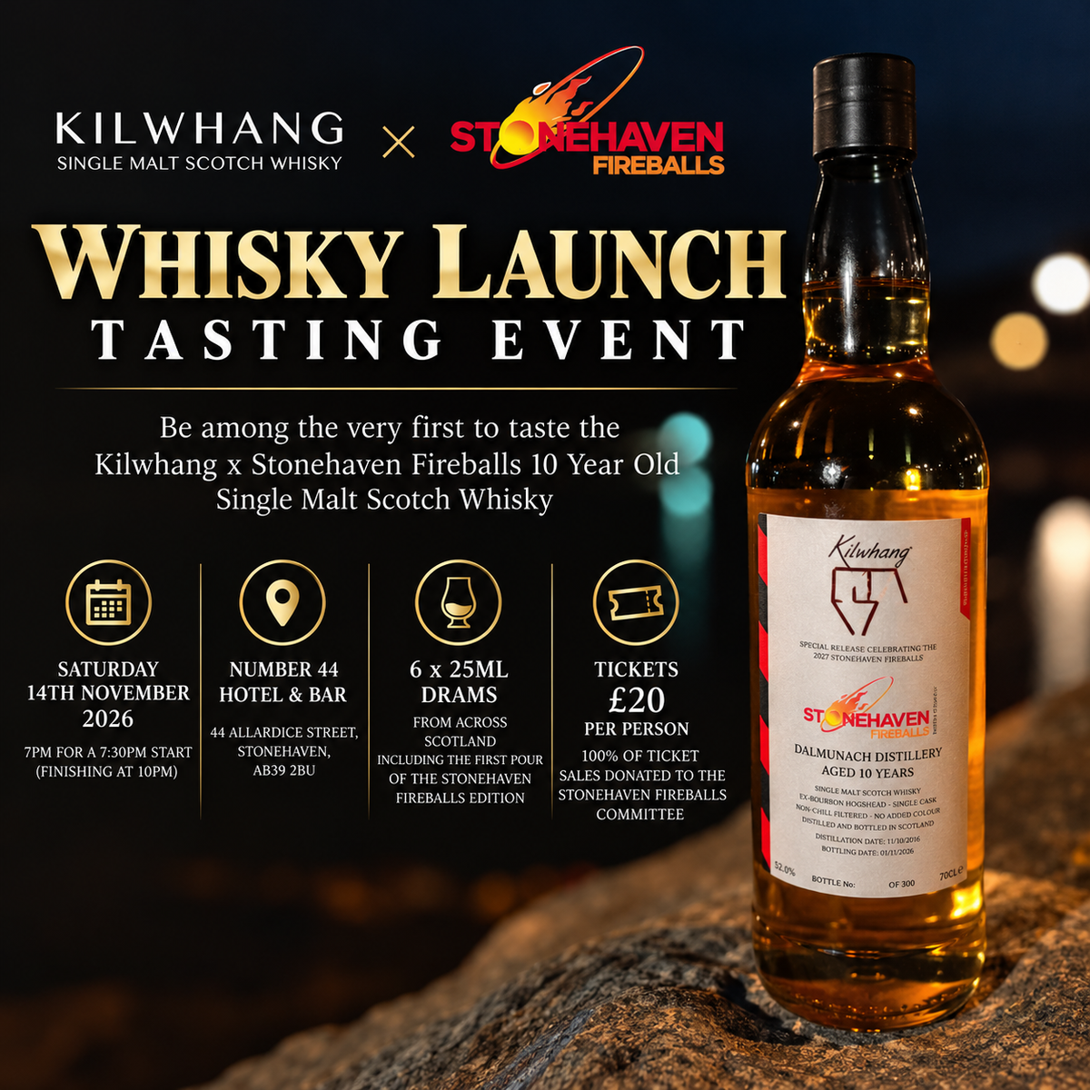 Whisky Tasting With Stonehaven Fireballs Committee - Saturday 14th November 2026 (7pm to 10pm)
