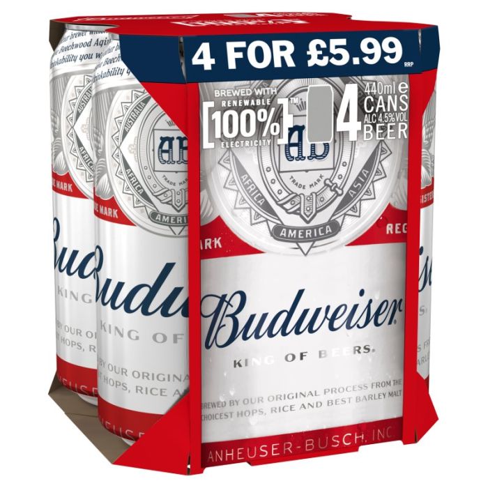 Budweiser 4x440ml (Price Marked £5.99) - American-Style Pale Lager-World Beer-5014379026870-Fountainhall Wines