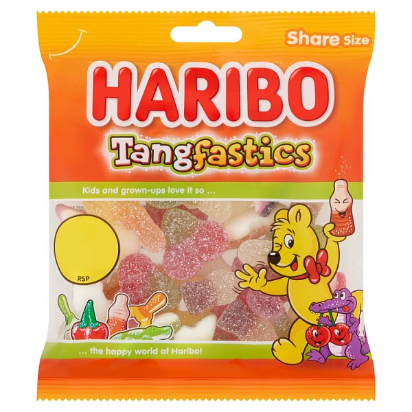 Haribo Tangfastics Fruit & Cola Flavour Fizzy Jelly Sweets Sharing Bag 140g (Price Marked £1.25)