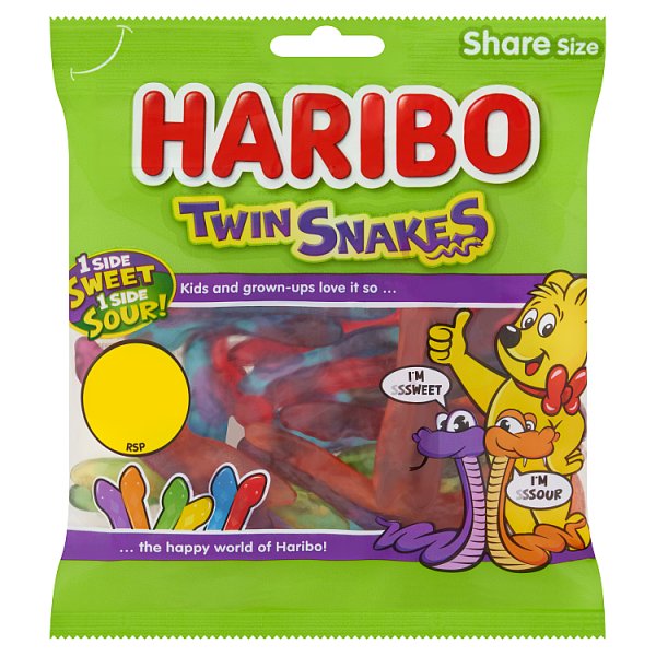 Haribo Twin Snakes Fruit Flavour Gum Jelly Sweets Sharing Bag 140g (Price Marked £1.25)