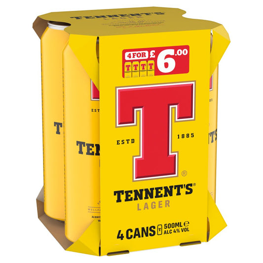 Tennent's Lager 4x500ml (Price Marked £6.00)-Scottish Beers-Fountainhall Wines