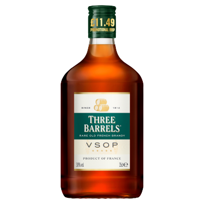 Three Barrels Rare Old French Brandy VSOP (Very Superior Old Pale) 35cl (Price Marked £11.49)-Brandy / Cognac / Armagnac-Fountainhall Wines