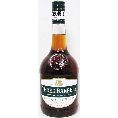 Three Barrels Rare Old French Brandy VSOP (Very Superior Old Pale) (Price Marked £19.49)-Brandy / Cognac / Armagnac-Fountainhall Wines